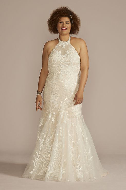 Vestido de novia sirena de encaje con escote halter, MARFIL SOLIDO, hi-res