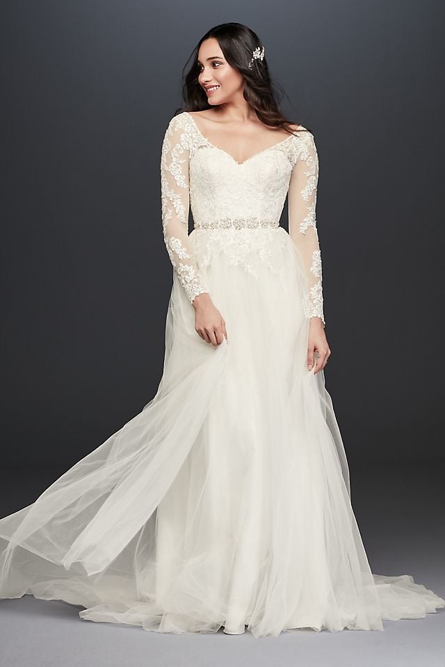 Vestido de novia línea A con mangas largas y escote en espalda, MARFIL, hi-res