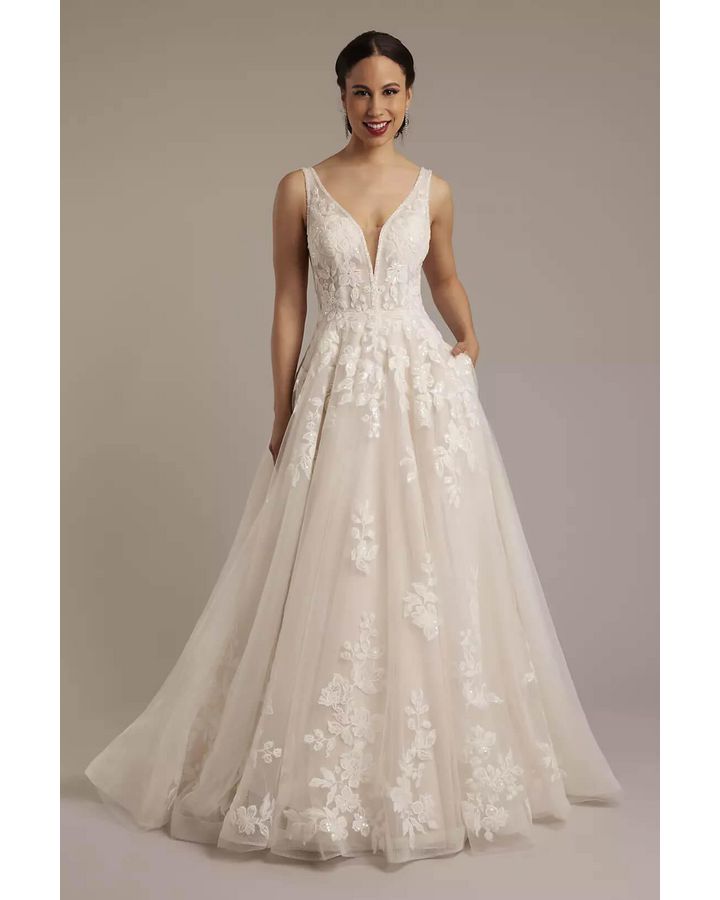 Vestido de novia corte princesa con escote pronunciado, MARFIL SOLIDO, hi-res