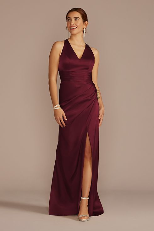 Vestido de dama con tirantes cruzados en espalda y abertura en pierna, VINO, hi-res