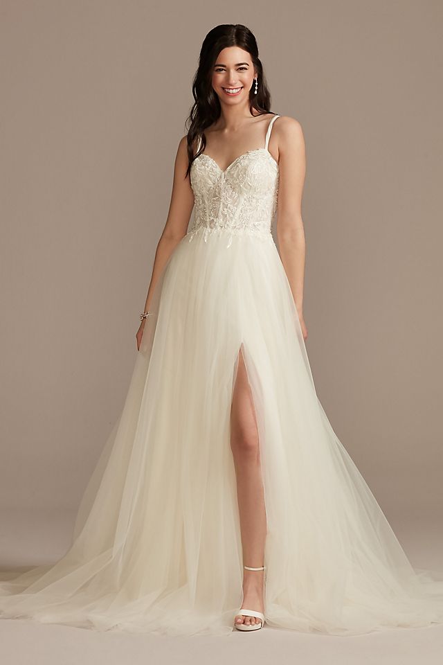 Vestido de novia línea A con corset y escote corazón, MARFIL, hi-res