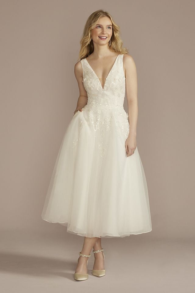 Vestido de novia midi con aplicaciones de encaje y brillo, BLANCO SUAVE, hi-res
