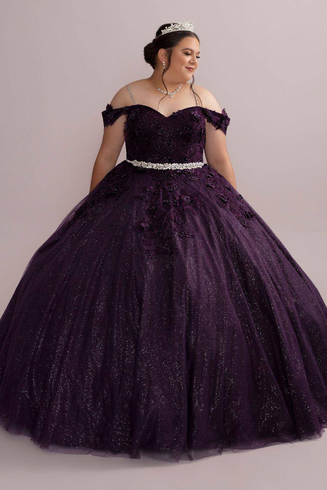 Vestido de quinceañera morado con mangas al hombro removibles y tirantes, MORADO OSCURO, hi-res