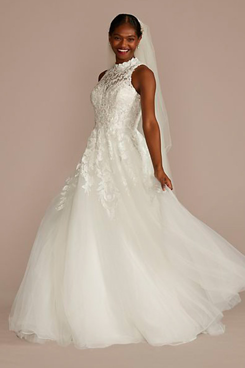 Vestido de novia con aplicaciones de encaje y escote halter, BLANCO SOLIDO, hi-res