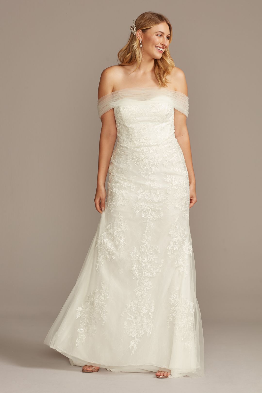 Vestido de novia sirena con mangas de tul al hombro, BLANCO, hi-res