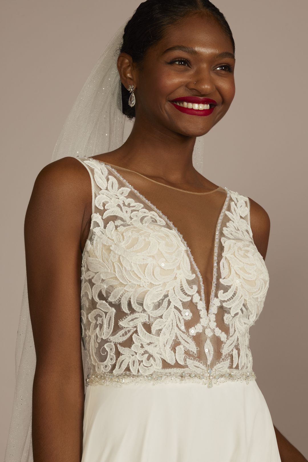 Vestido de novia línea A con transparencias y encaje, MARFIL, hi-res