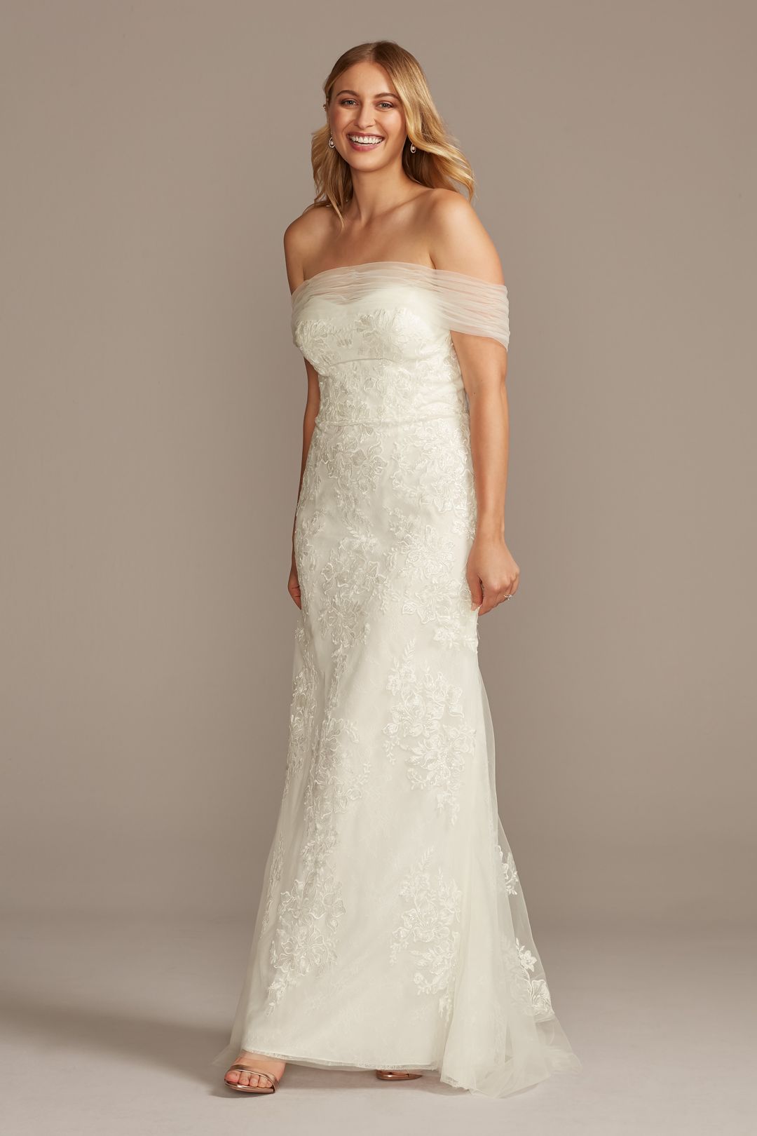 Vestido de novia sirena con mangas de tul al hombro, BLANCO, hi-res