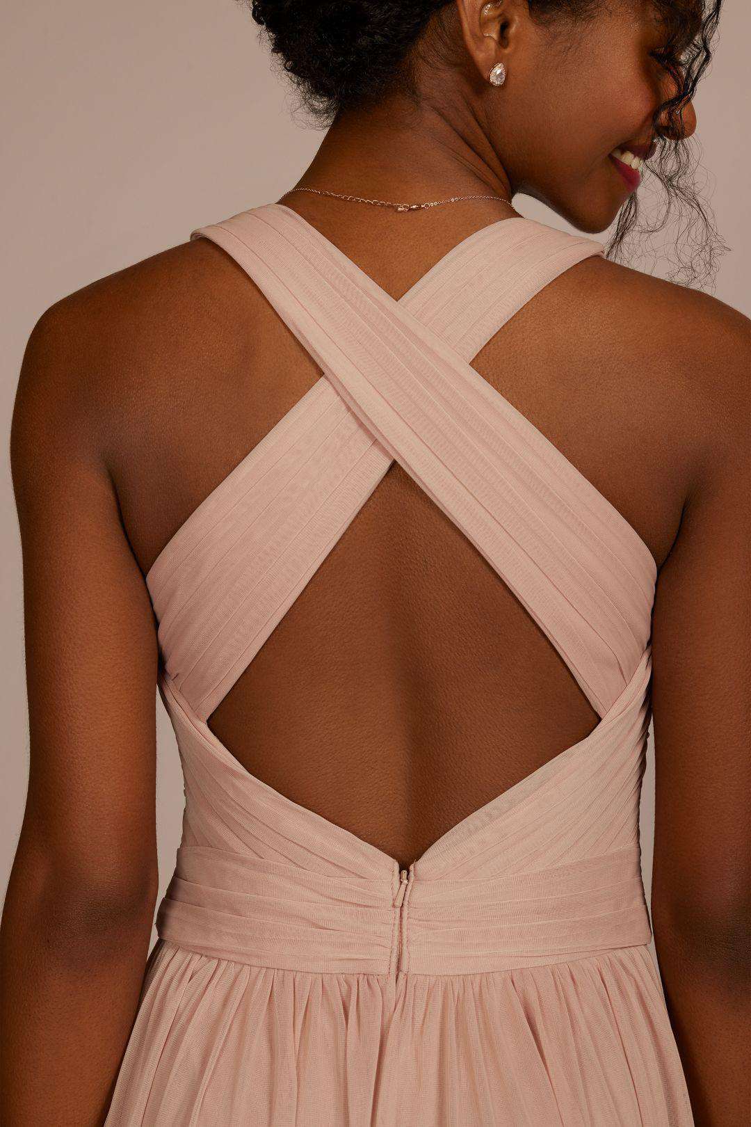 Vestido de dama con escote cruzado en espalda y plisado en cintura, NEGRO, hi-res