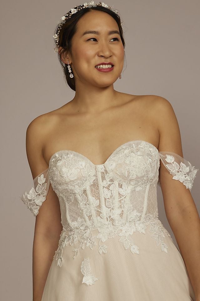 Vestido de novia strapless con corset y mangas desmontables, MARFIL/PIEDRA, hi-res