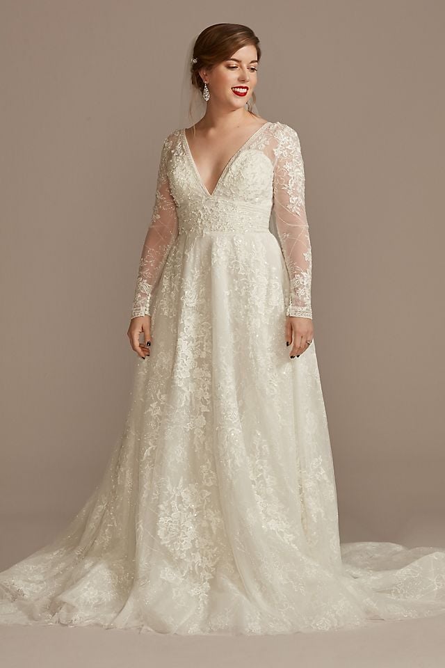 Vestido de novia princesa con mangas largas de encaje, MARFIL, hi-res