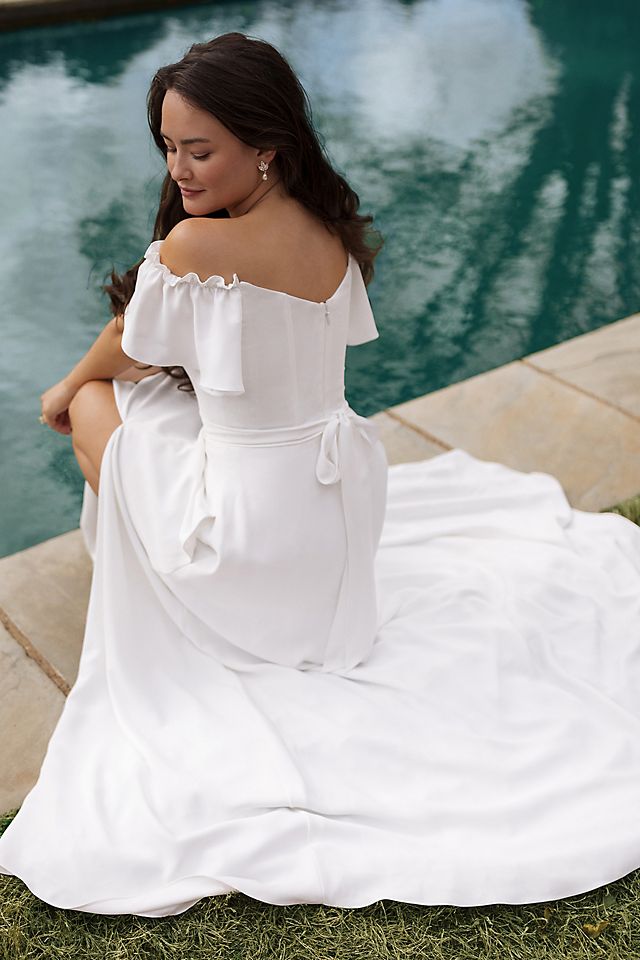 Vestido de novia línea A con mangas al hombro y abertura en pierna, BLANCO SUAVE, hi-res
