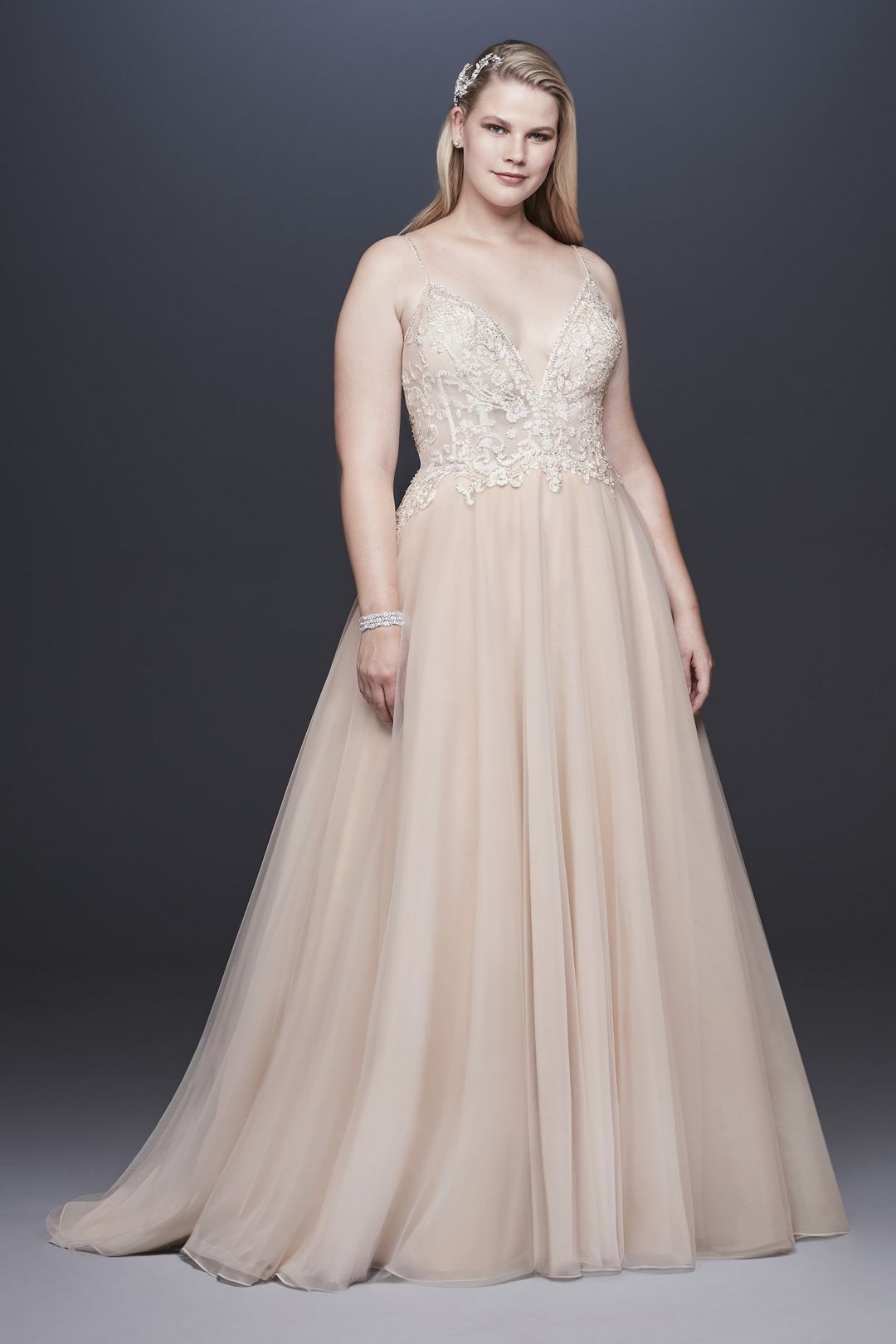 Vestido de novia línea A con pedrería y escote profundo, MARFIL/ROSADO, hi-res