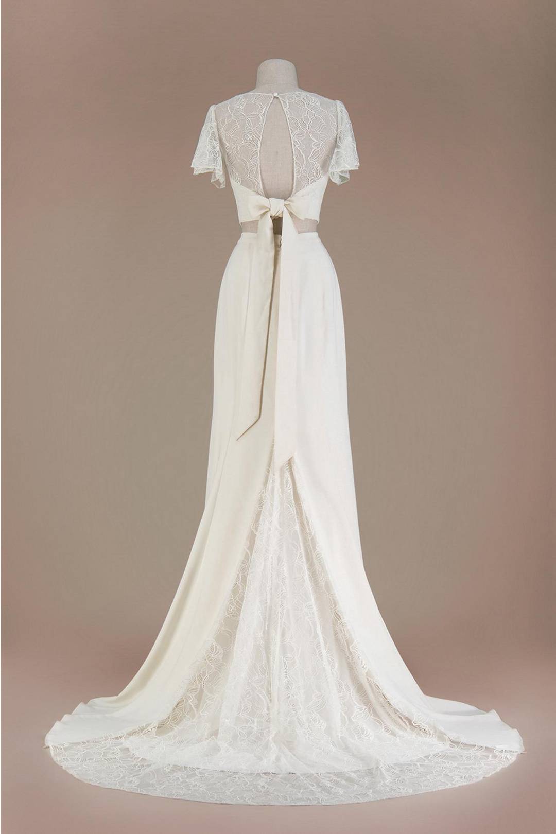 Vestido de novia de 2 piezas con mangas cortas de encaje, MARFIL, hi-res