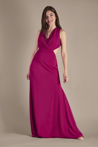Vestido largo con abertura lateral en cintura y espalda escotada, MAGENTA, hi-res