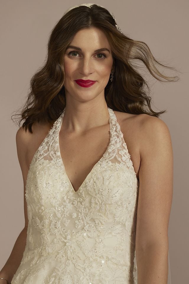 Vestido de novia línea A con pedrería y escote halter, MARFIL/PIEDRA, hi-res