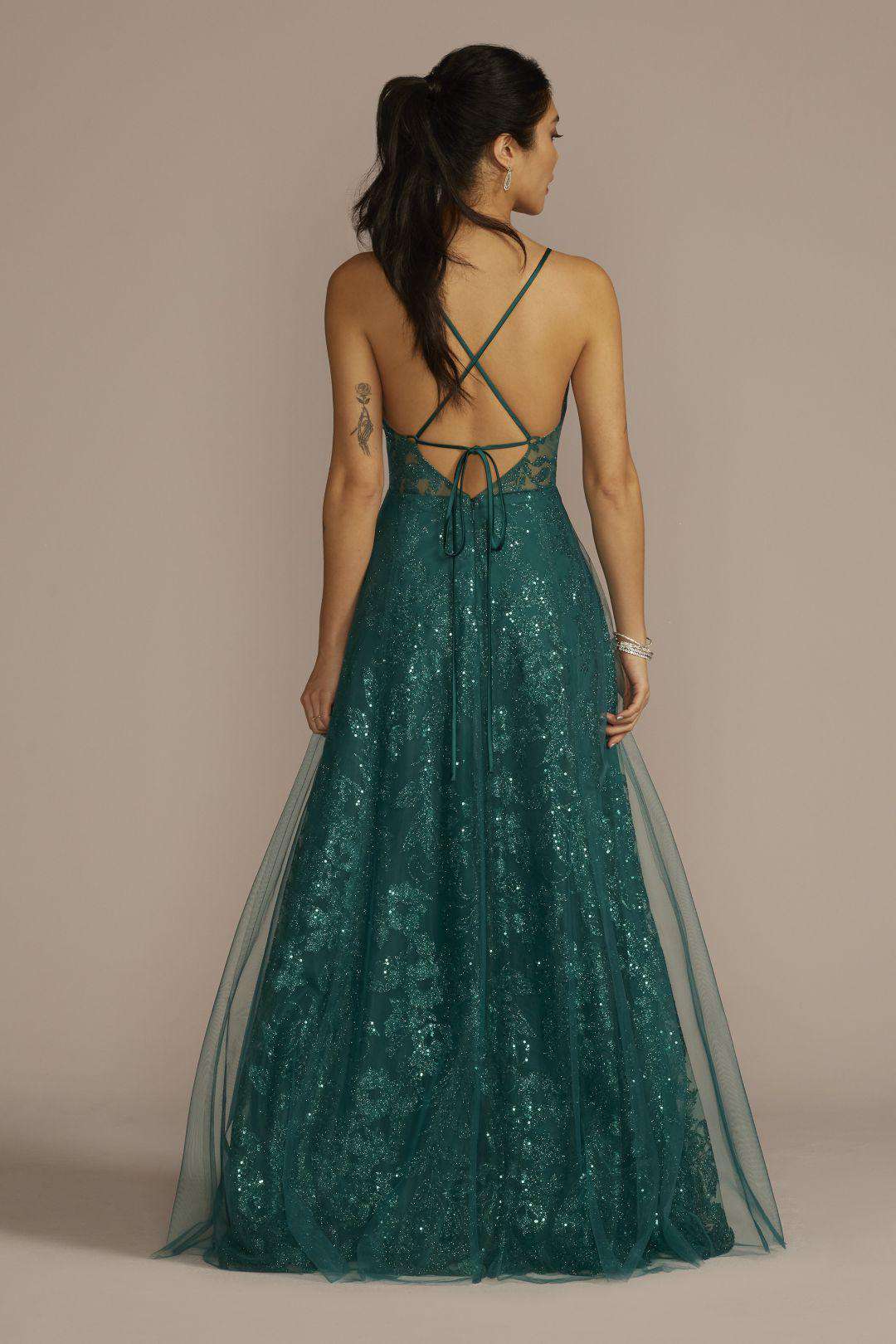Vestido largo con escote profundo, espalda de tirantes cruzados y detalles de lentejuela, GEMA, hi-res