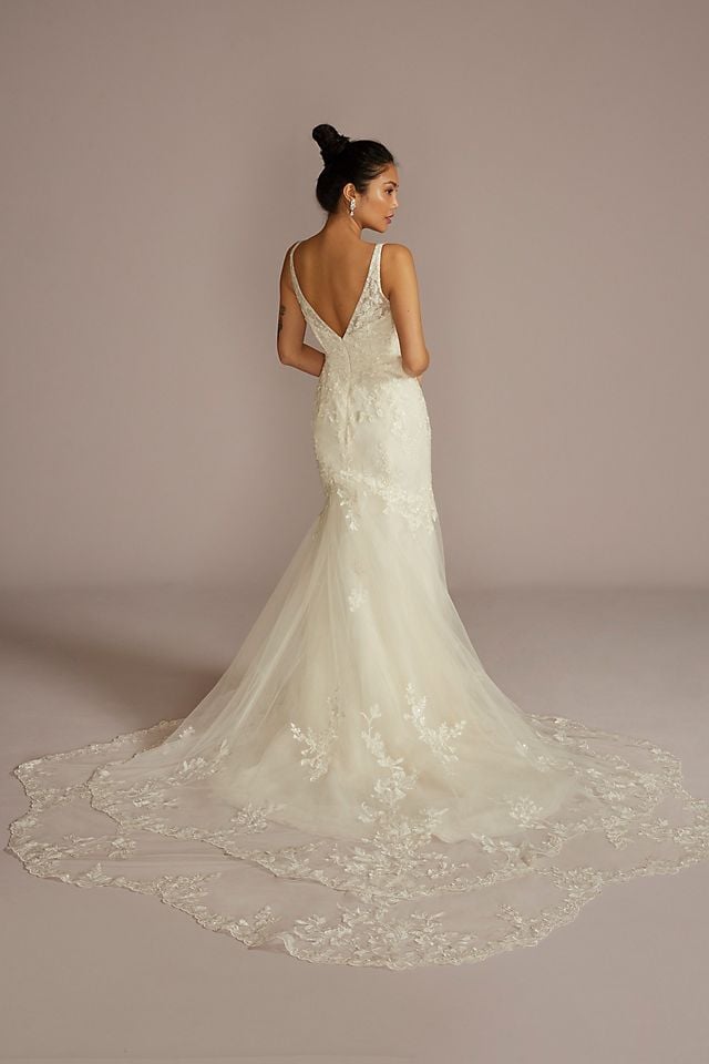 Vestido de novia sirena con aplicaciones florales y escote profundo en V, MARFIL, hi-res