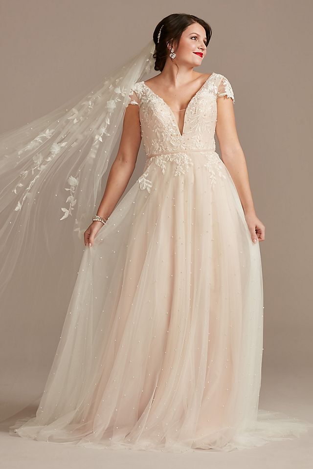Vestido de novia línea A con aplicaciones florales y perlas, MARFIL/PIEDRA, hi-res