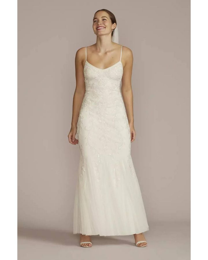 Vestido de novia con corte entallado y godet de flores y cuentas, BLANCO SUAVE, hi-res