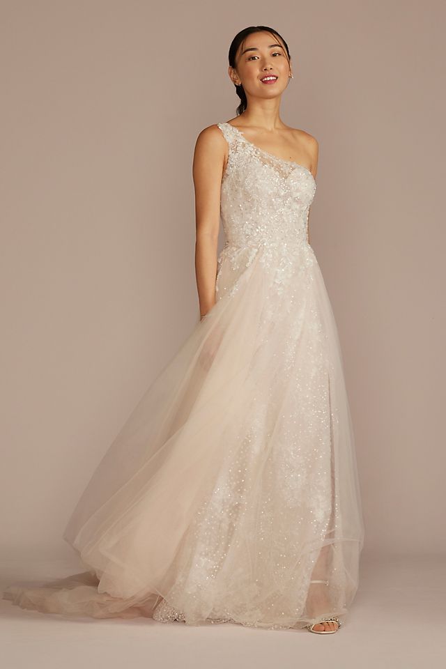 Vestido de novia línea A con escote asimétrico y falda desmontable, MARFIL/PIEDRA, hi-res