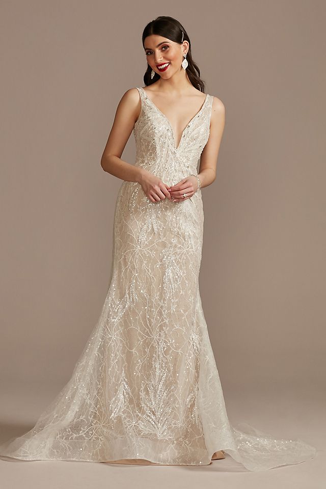 Vestido de novia recto de encaje con brillante pedrería, MARFIL TOSTADO, hi-res