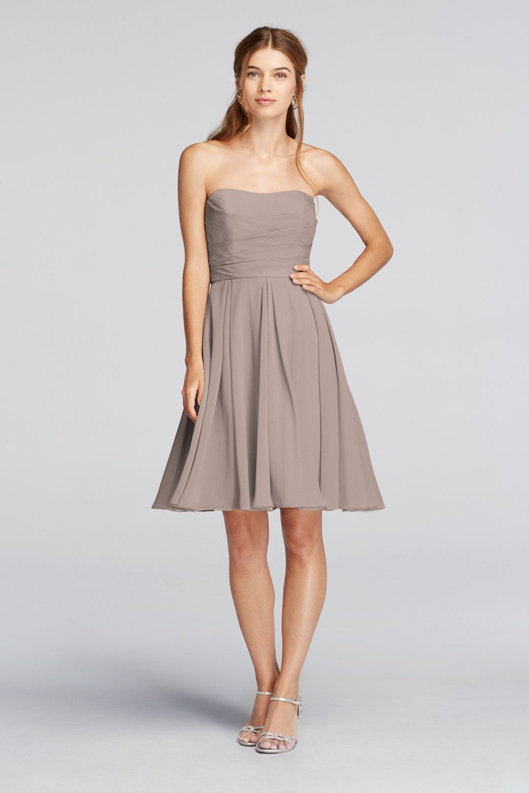 Vestido de dama corto strapless, GALLETA, hi-res