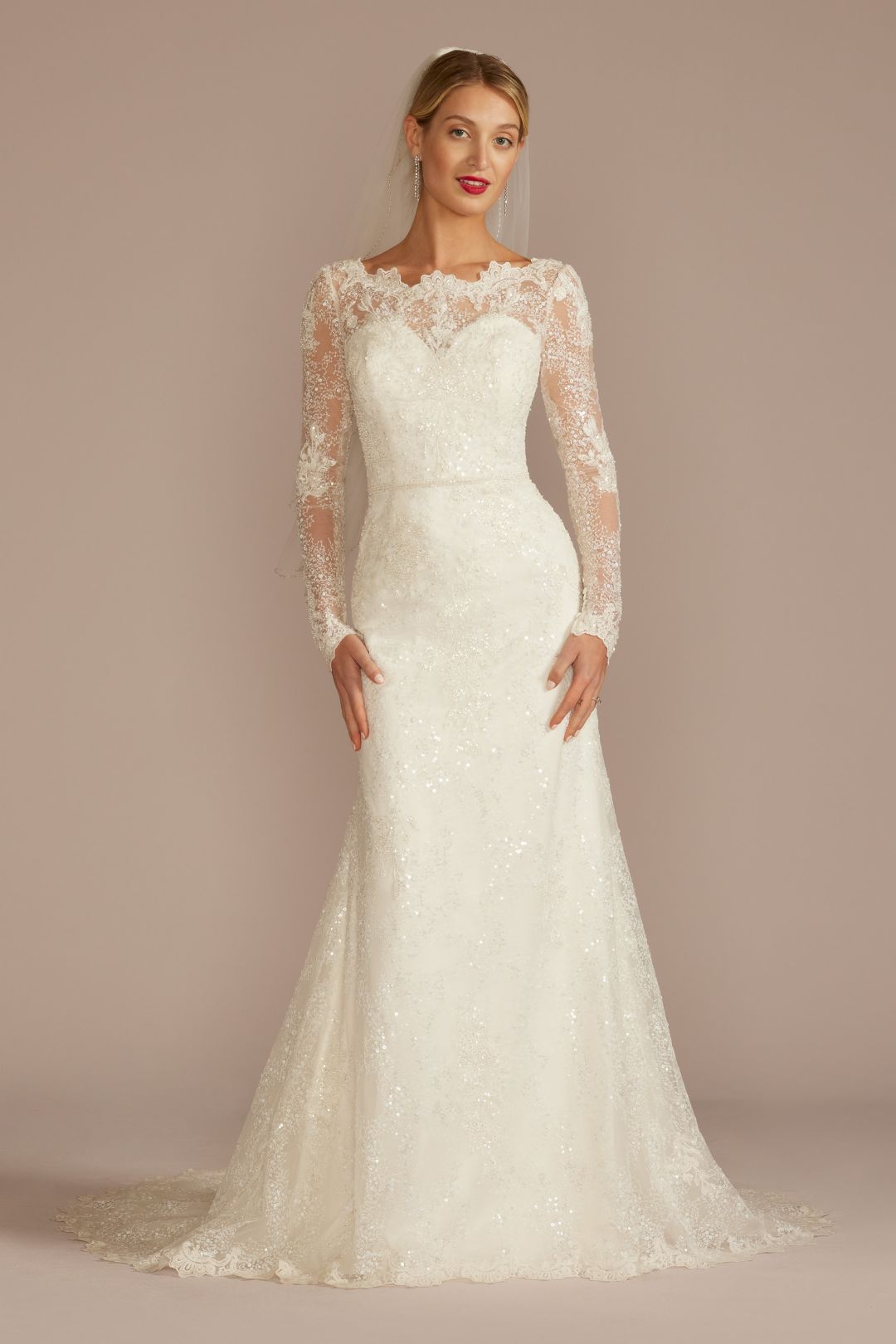 Vestido de novia recto de encaje con escote alto, MARFIL, hi-res