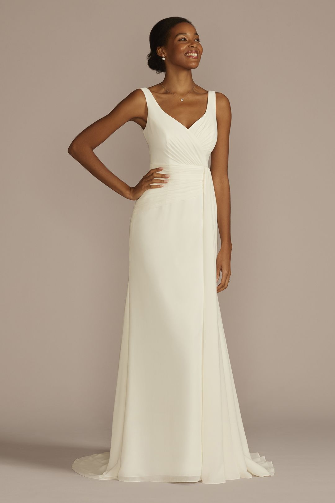 Vestido de novia recto liso con drapeado en cintura, MARFIL, hi-res