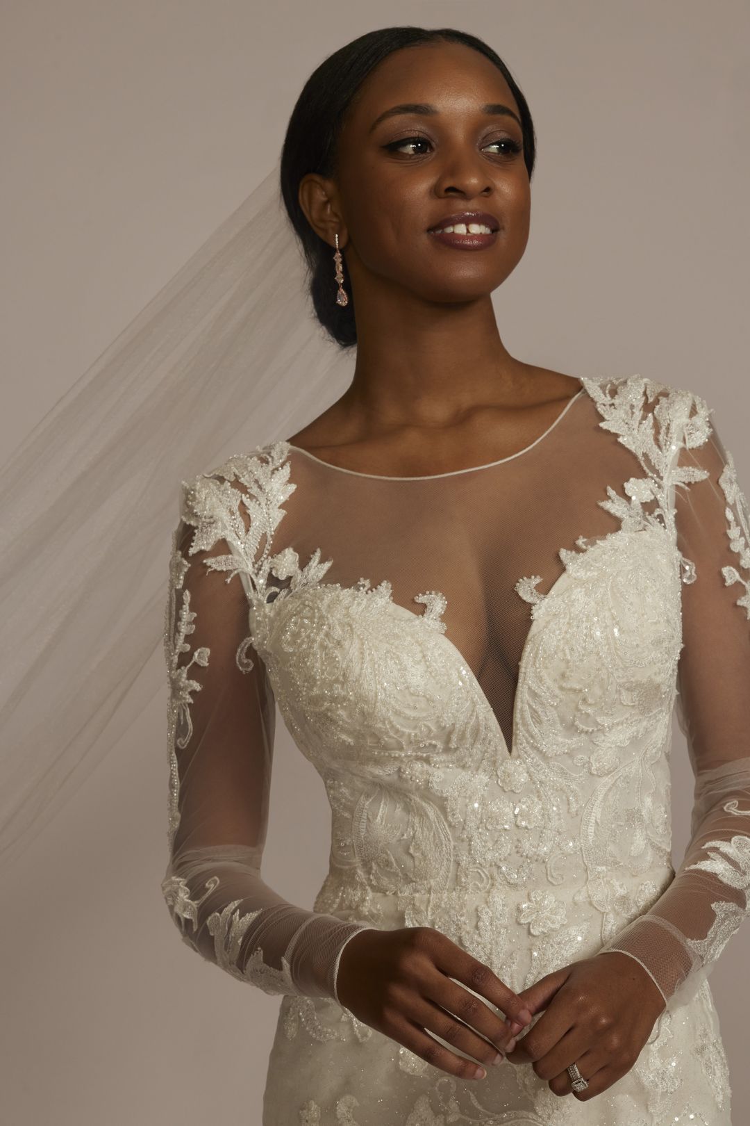 Vestido de novia sirena con falda desmontable y mangas largas, MARFIL/PIEDRA, hi-res