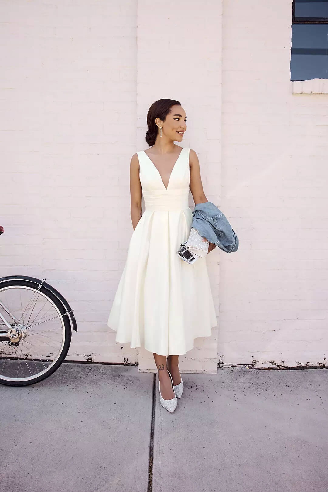 Vestido de novia midi satinado, MARFIL, hi-res