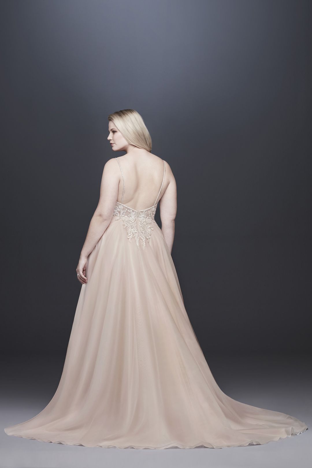 Vestido de novia línea A con pedrería y escote profundo, MARFIL/ROSADO, hi-res