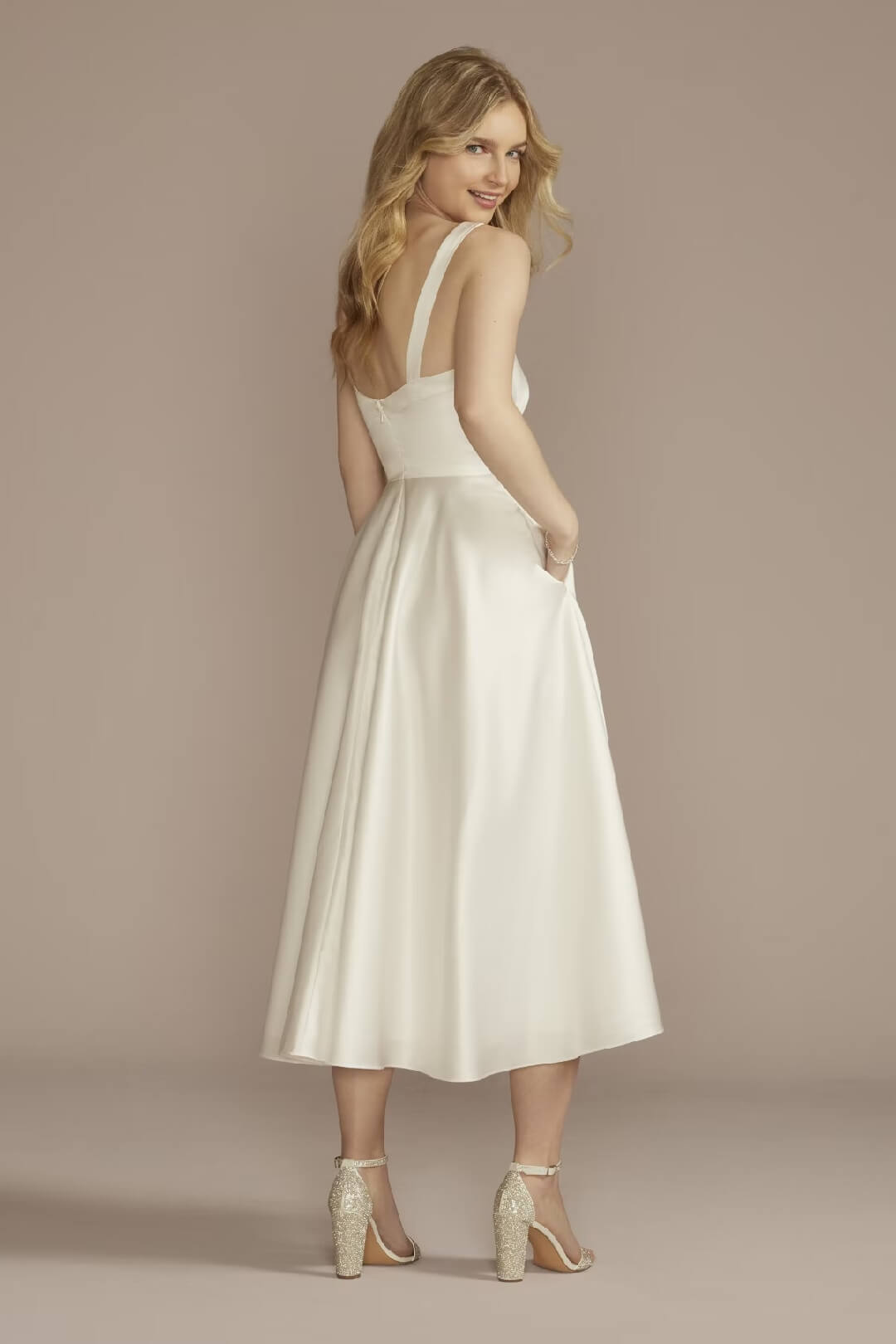 Vestido de novia midi con plisado en escote, BLANCO SUAVE, hi-res