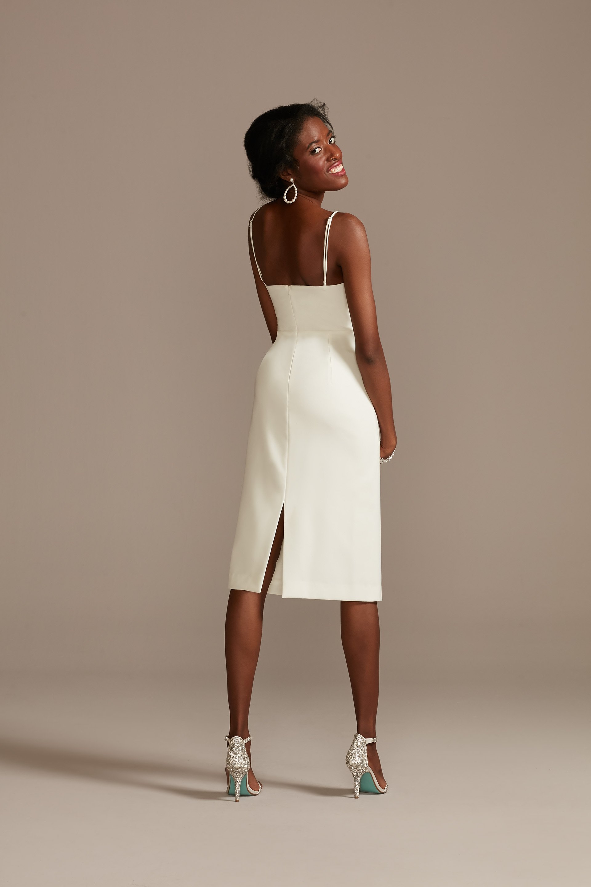 Vestido de novia midi con escote profundo, BLANCO SUAVE, hi-res