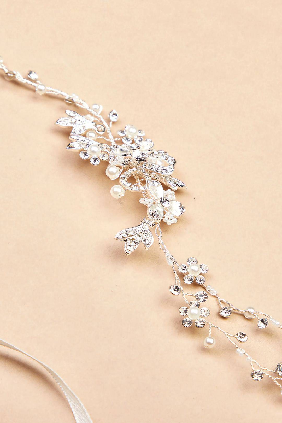 Diadema floral con cristales y perlas, PLATA, hi-res