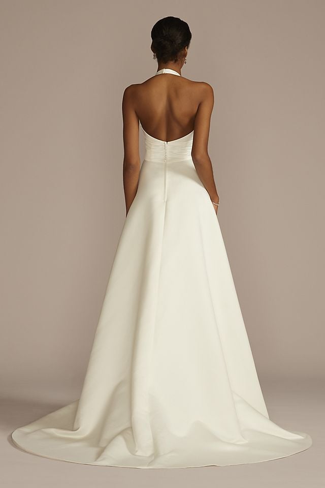 Vestido de novia línea A de satín mate y escote halter, MARFIL, hi-res