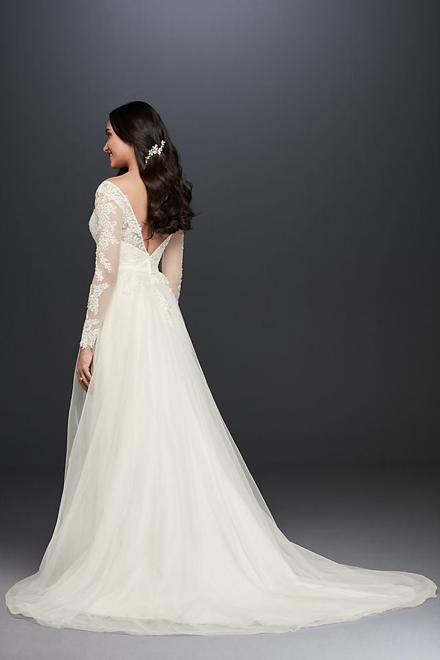 Vestido de novia línea A con mangas largas y escote en espalda, MARFIL, hi-res
