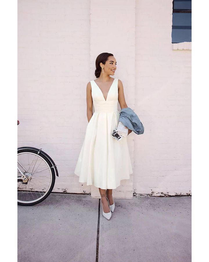 Vestido de novia midi satinado, MARFIL, hi-res