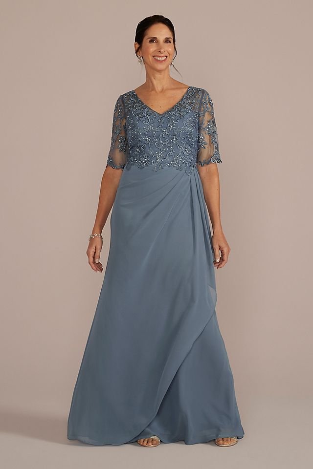 Vestido largo de mangas tres cuartos con transparencia y aplicaciones de bordadas con pedrería, AZUL FRANCÉS, hi-res