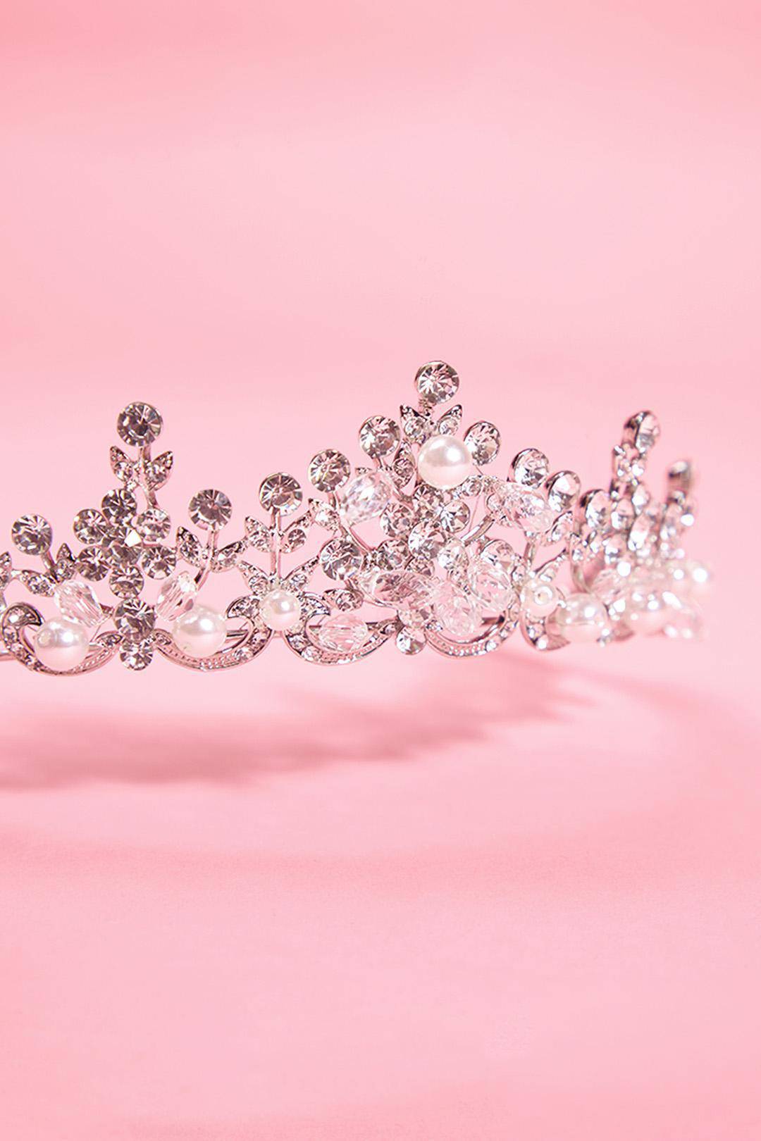 Tiara floral con cristales y perlas, PLATA, hi-res