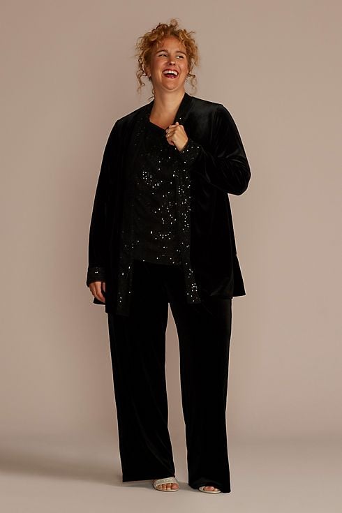 Conjunto de tres piezas con saco de terciopelo y camisa de lentejuelas, NEGRO, hi-res