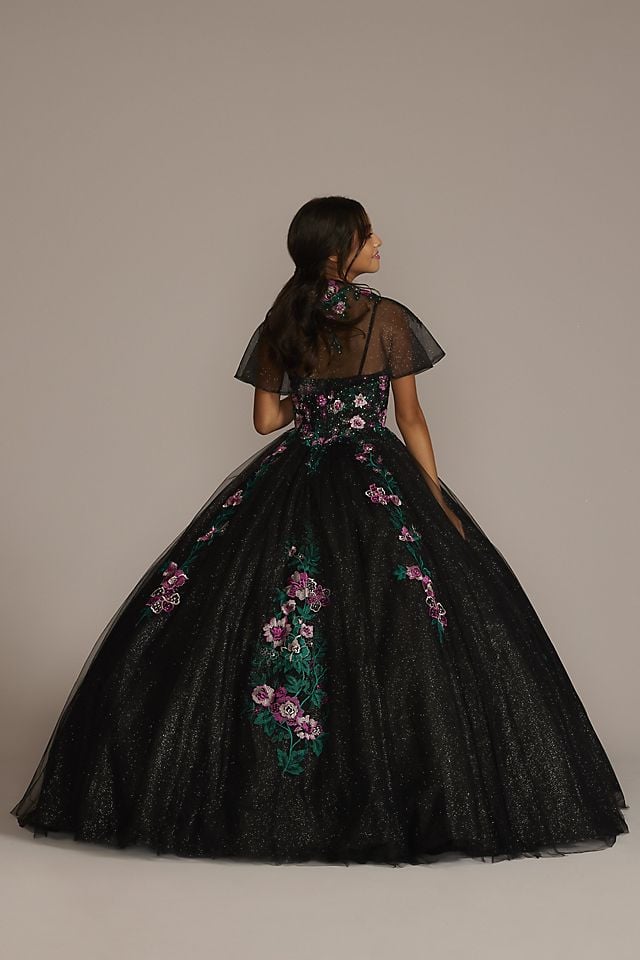 Vestido de quinceañera con aplicaciones florales y bolero, NEGRO/MULTI, hi-res