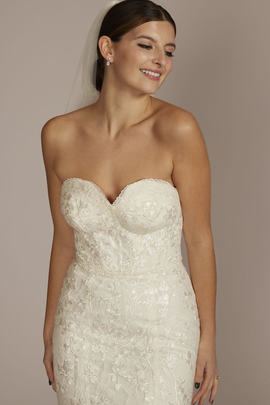 Vestido de novia sirena strapless con encaje floral, MARFIL, hi-res