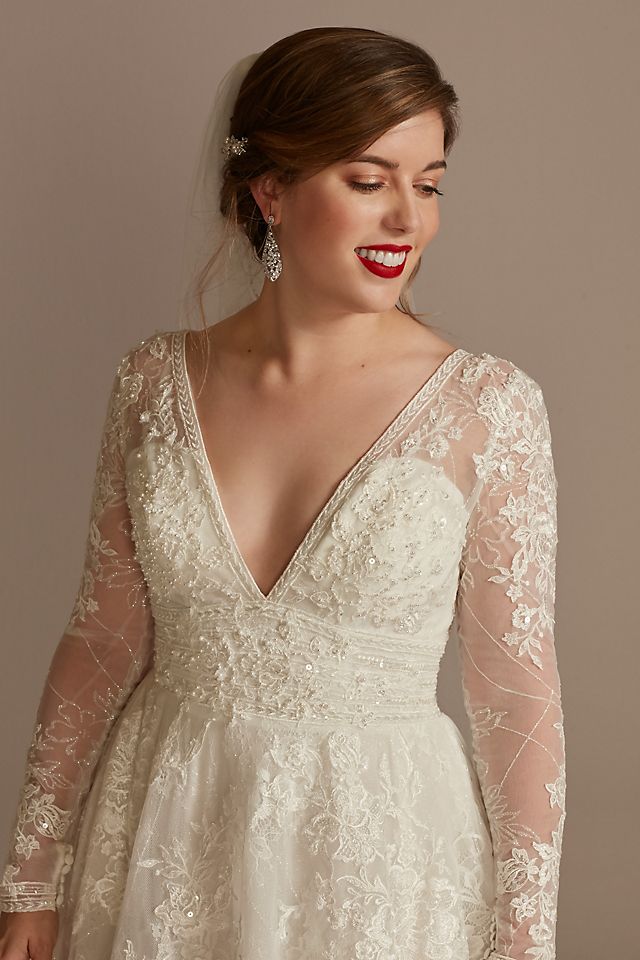 Vestido de novia princesa con mangas largas de encaje, MARFIL, hi-res