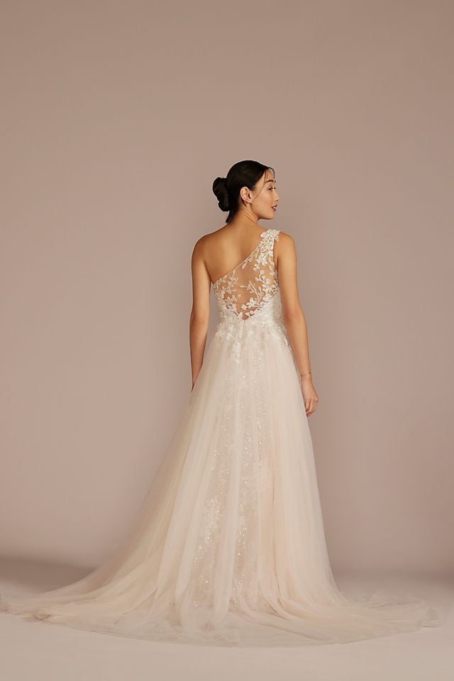Vestido de novia línea A con escote asimétrico y falda desmontable, MARFIL/PIEDRA, hi-res