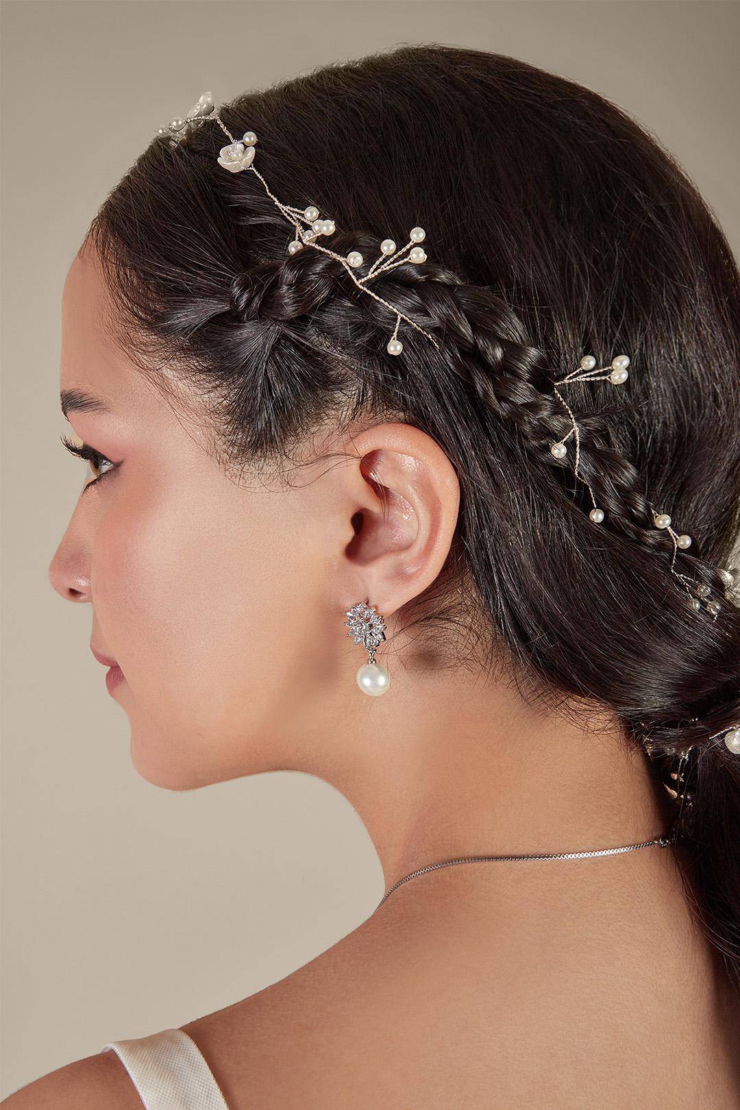 Diadema floral con perlas, PLATA, hi-res