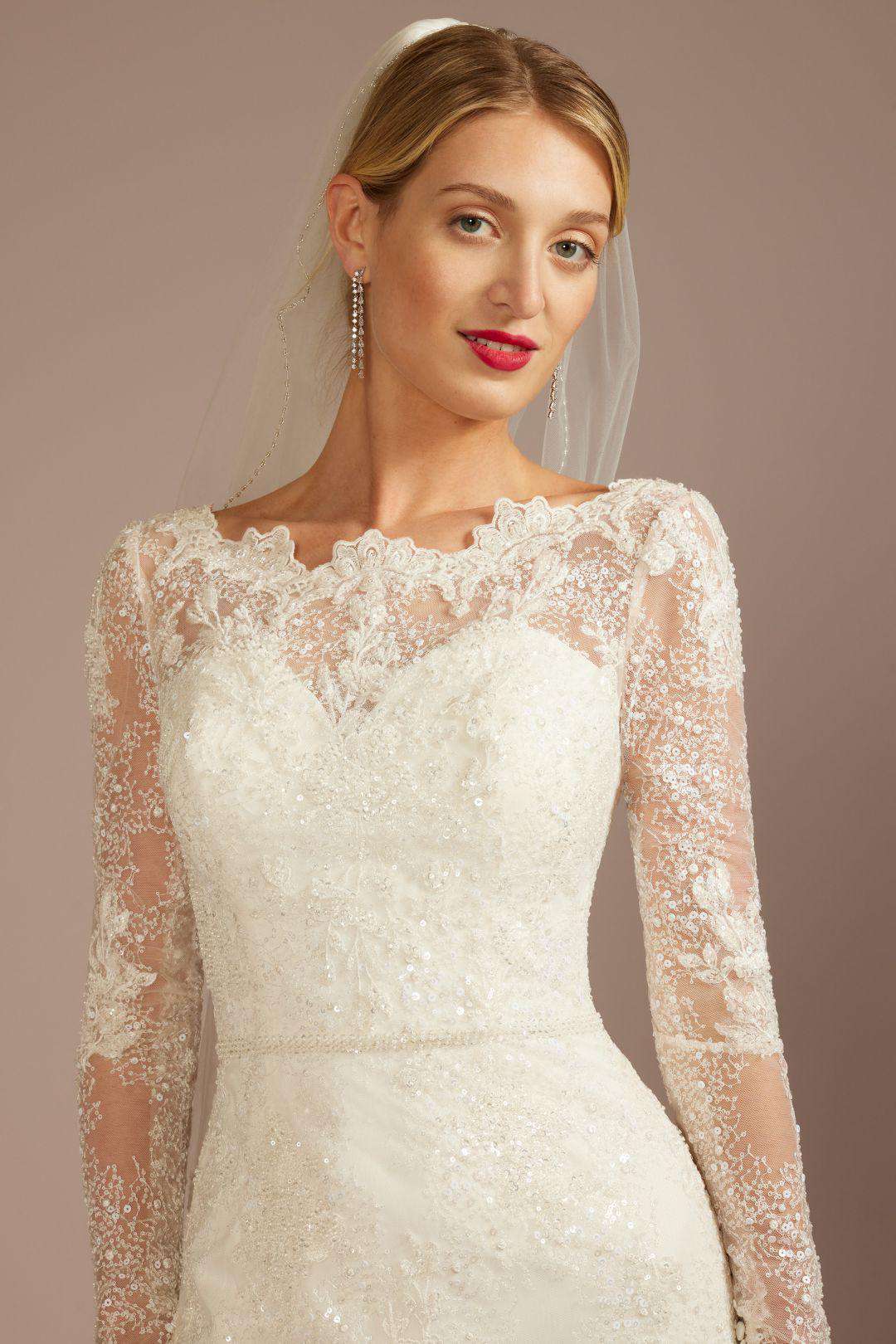Vestido de novia recto de encaje con escote alto, MARFIL, hi-res