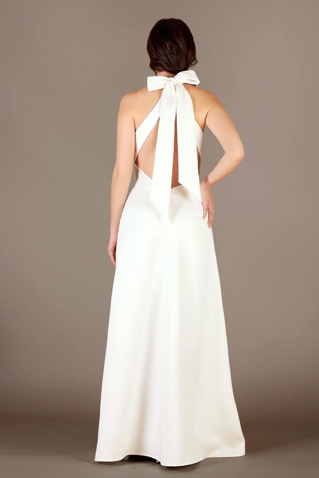 Vestido de novia halter con escote y moño en espalda, BLANCO SUAVE, hi-res