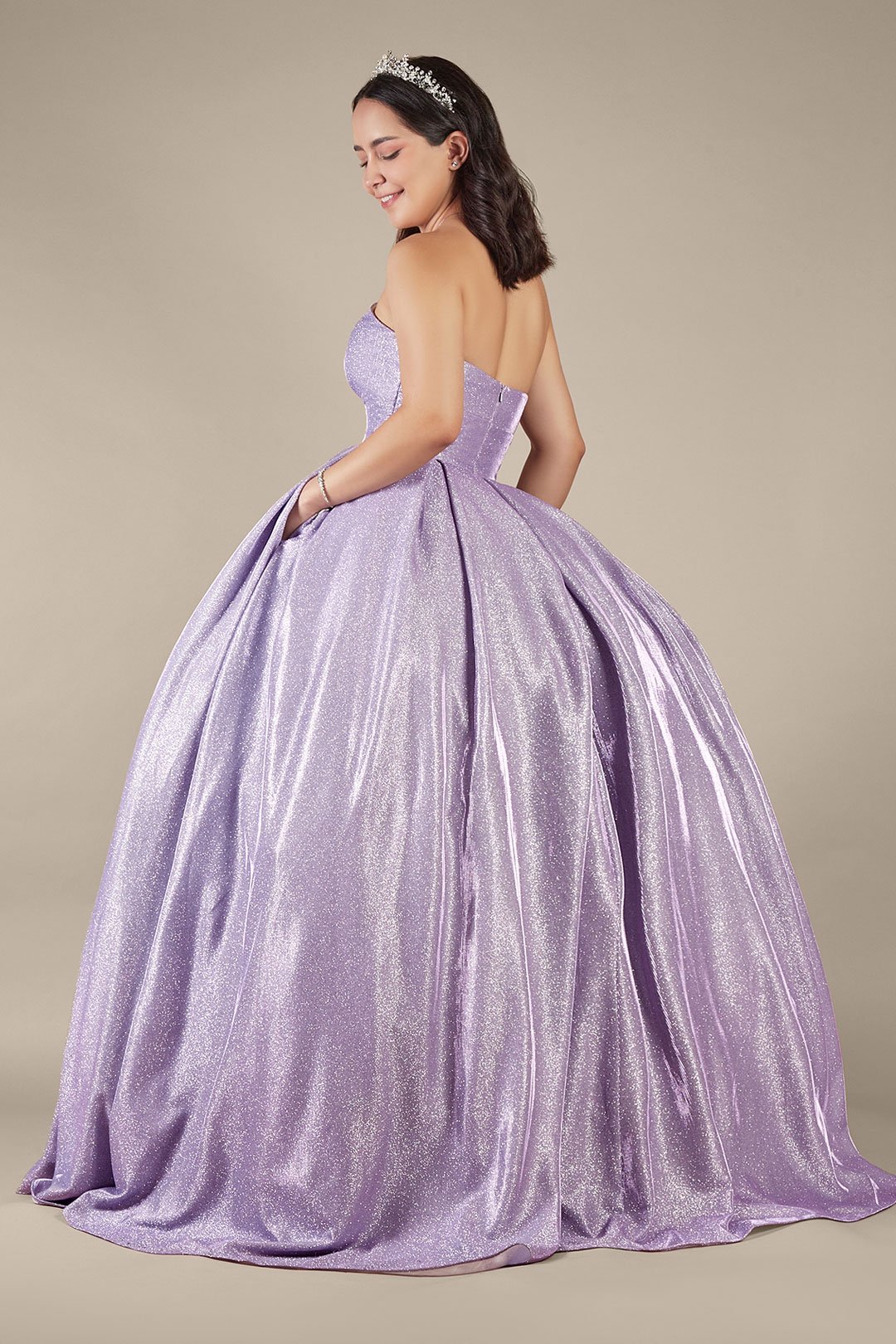 Vestido de quinceañera dorado strapless con escote corazón, LILA CLARO, hi-res