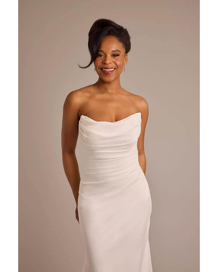 Vestido de novia corte sirena con drapeado, BLANCO SUAVE, hi-res