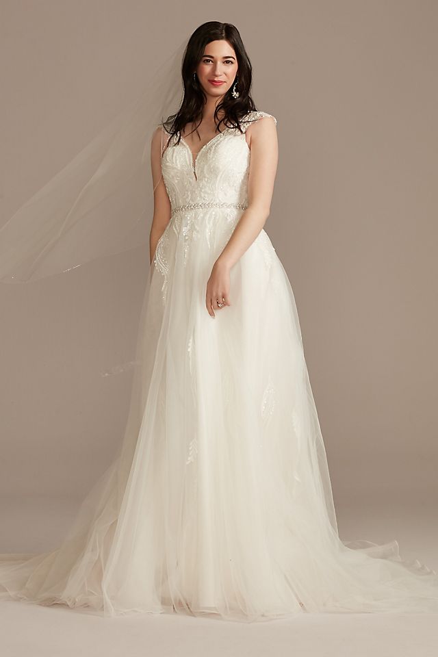 Vestido de novia línea A con escote corazón y falda de tul, MARFIL, hi-res